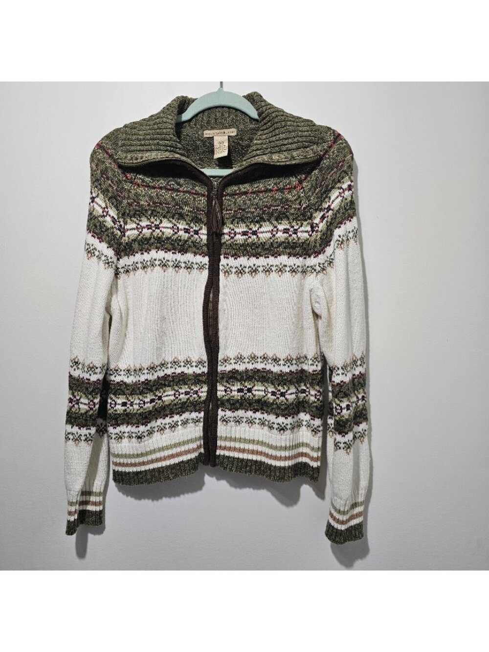 Mountain Lake Nordic Style Full Zip Sweater Size XL Cream/ Green w/Collar